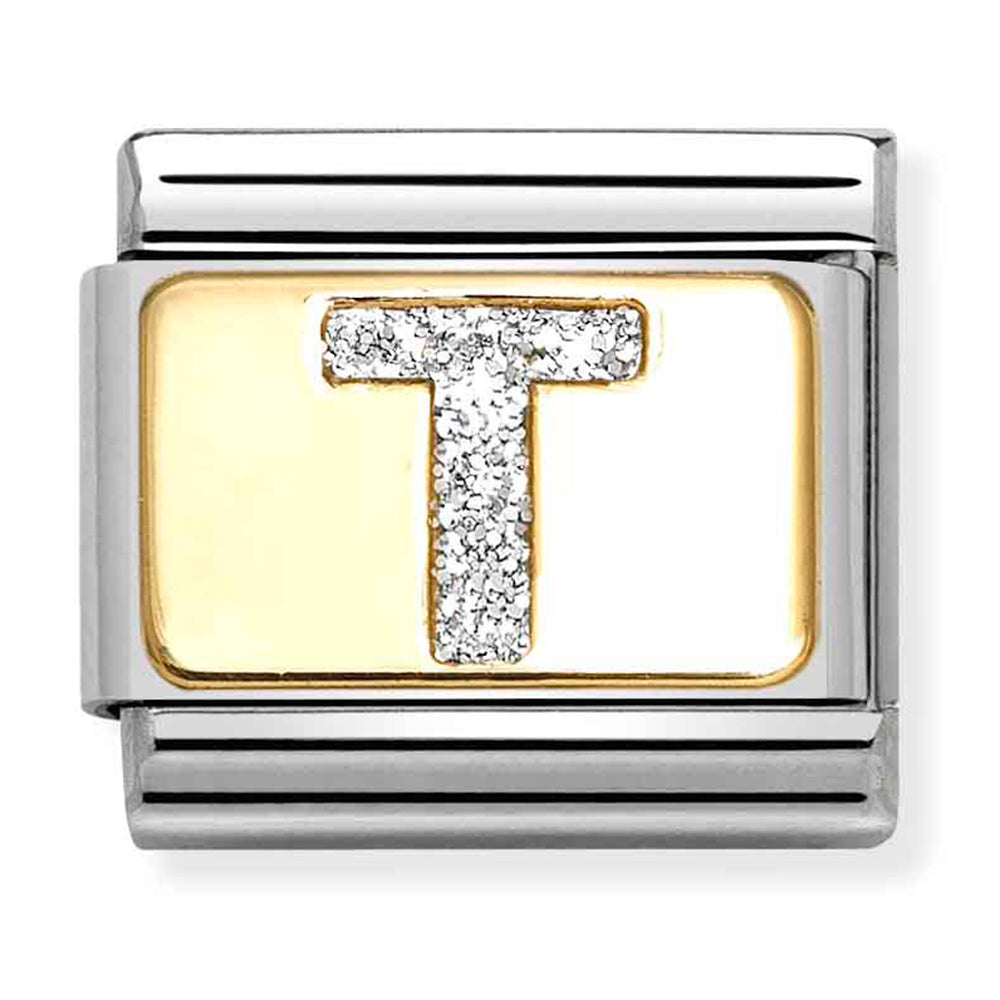 NOM 030291 20 COMP Classic GLITTER ALPHABET st/steel, glitter enamel & 18ct gold (Letter T)