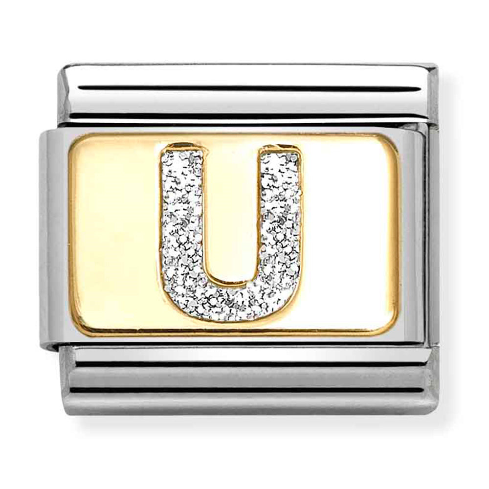 NOM 030291 21 COMP Classic GLITTER ALPHABET st/steel, glitter enamel & 18ct gold (Letter U) (03029121)