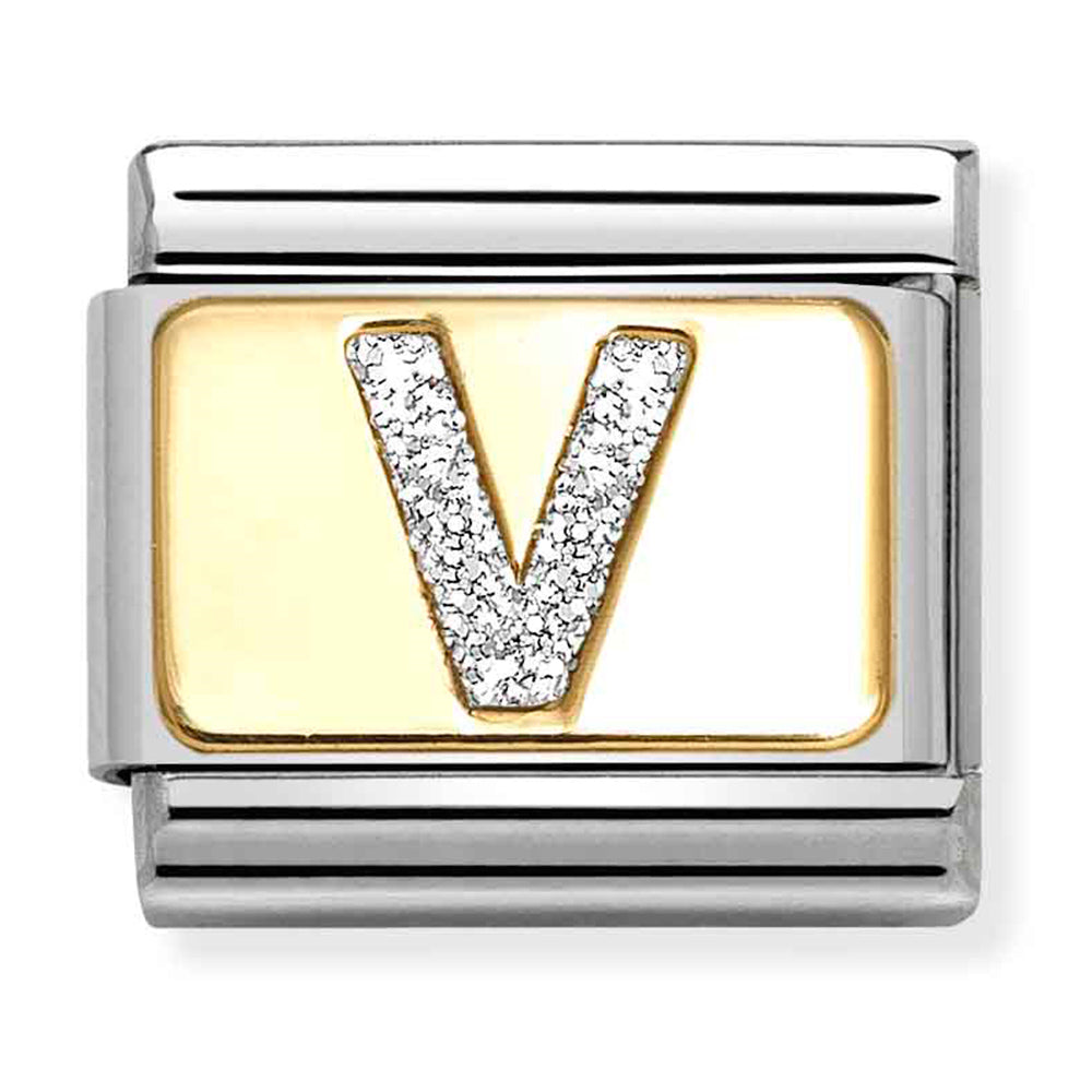 NOM 030291 22 COMP Classic GLITTER ALPHABET st/steel, glitter enamel & 18ct gold (Letter V)