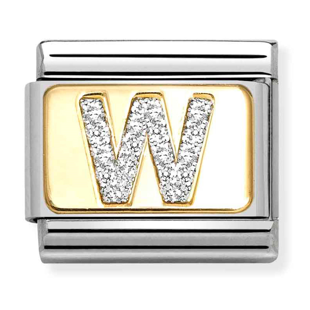 NOM 030291 23 COMP Classic GLITTER ALPHABET st/steel, glitter enamel & 18ct gold (Letter W)