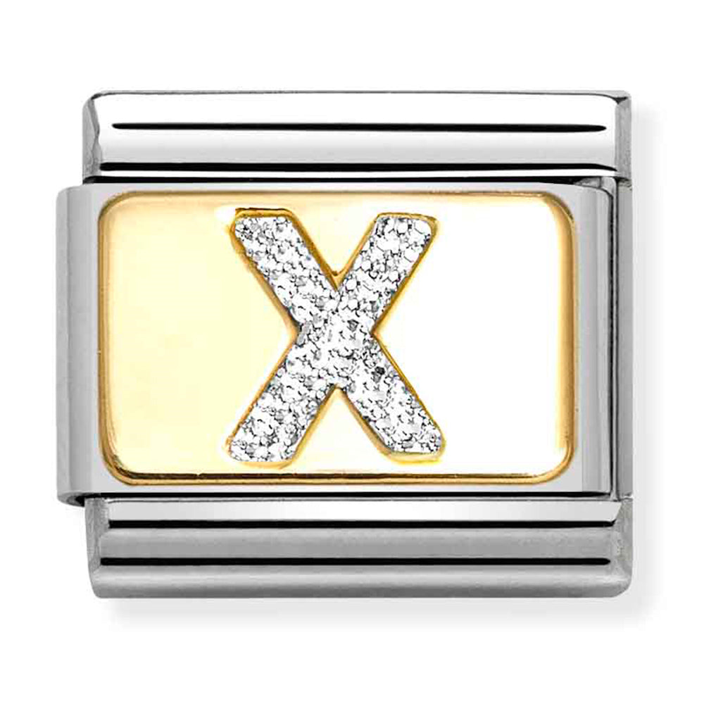 NOM 030291 24 COMP Classic GLITTER ALPHABET st/steel, glitter enamel & 18ct gold (Letter X)