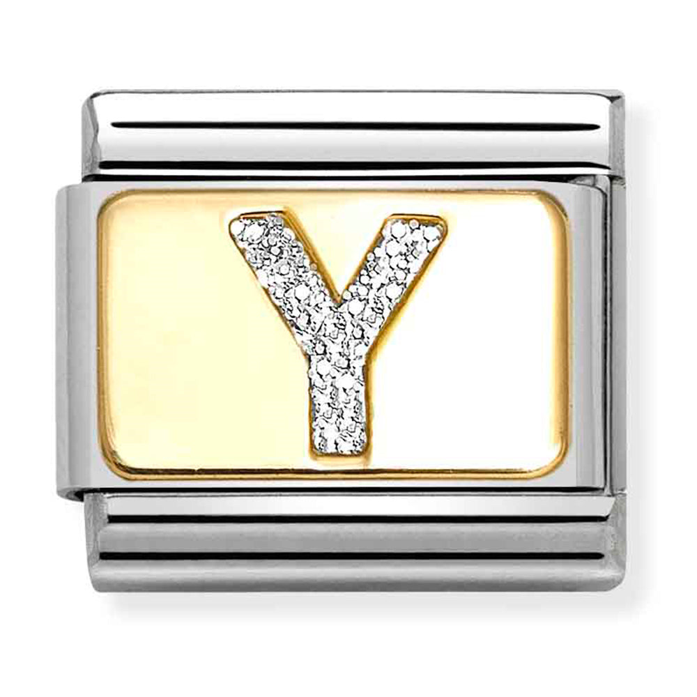 NOM 030291 25 COMP Classic GLITTER ALPHABET st/steel, glitter enamel & 18ct gold (Letter Y)