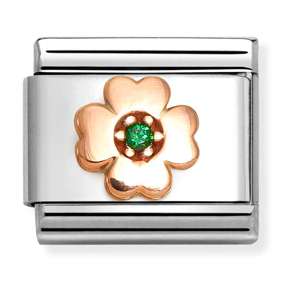 NOM-430305 44 COMP Classic SYMBOL st/st, cz & 9ct rose gold (Green Four-leaf Clover)
