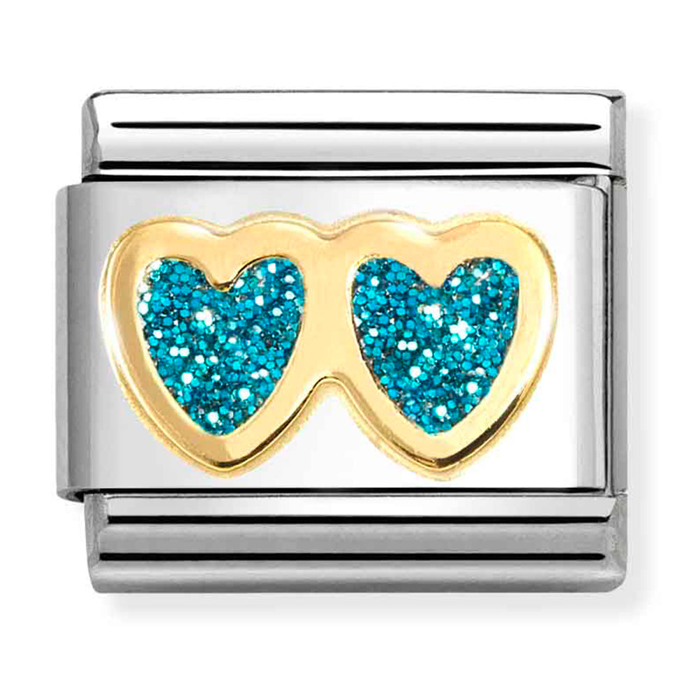 NOM-030220 12 COMP Classic SYMBOL GLITTER in st/steel, glitter enamel & 18ct gold (Glitter Double Turquoise Heart) (03022012)