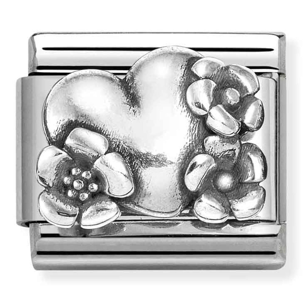 NOM 330101 74 COMP Classic OXIDIZED SYMBOLS in st,steel and 925 sterling silver Heart with flowers