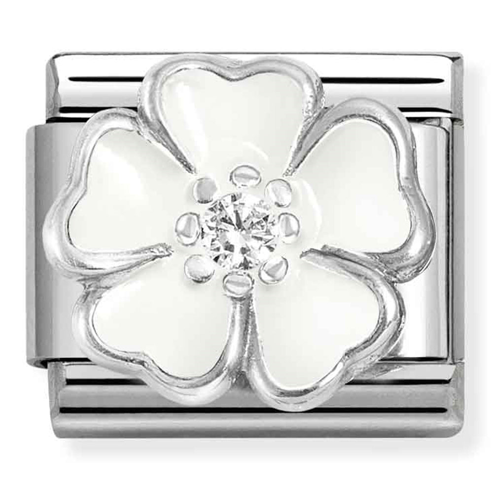 NOM 330321 15 COMP Classic SYMBOLS stainless steel, enamel, cz and 925 sterling silver WHITE flower with cz