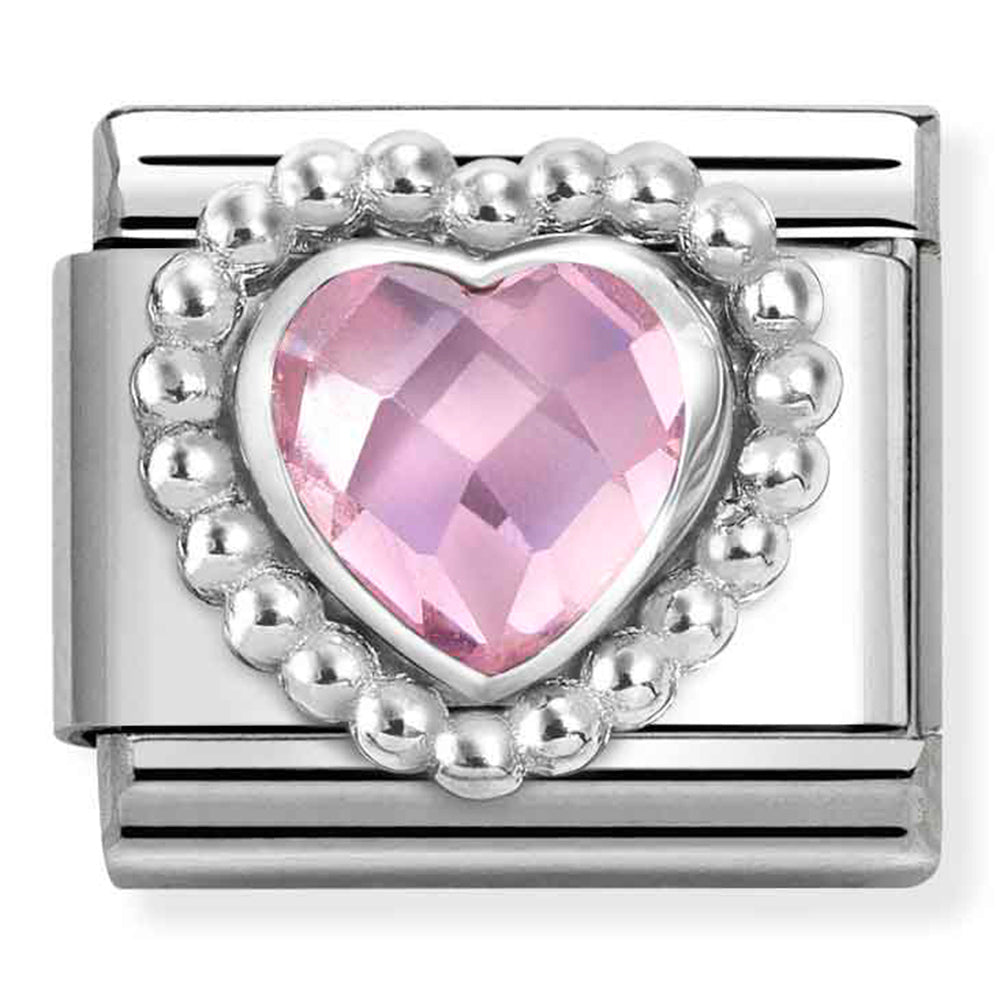 NOM 330606 003 COMP Classic FACETED CZ, steel with 925 sterling silver HEART with DOTS BEADED SETTING PINK CZ