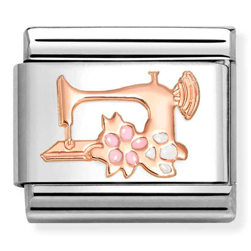 Classic Symbols Steel, Enamel And 9 Carat Rose Gold Sewing Machine With Flowers