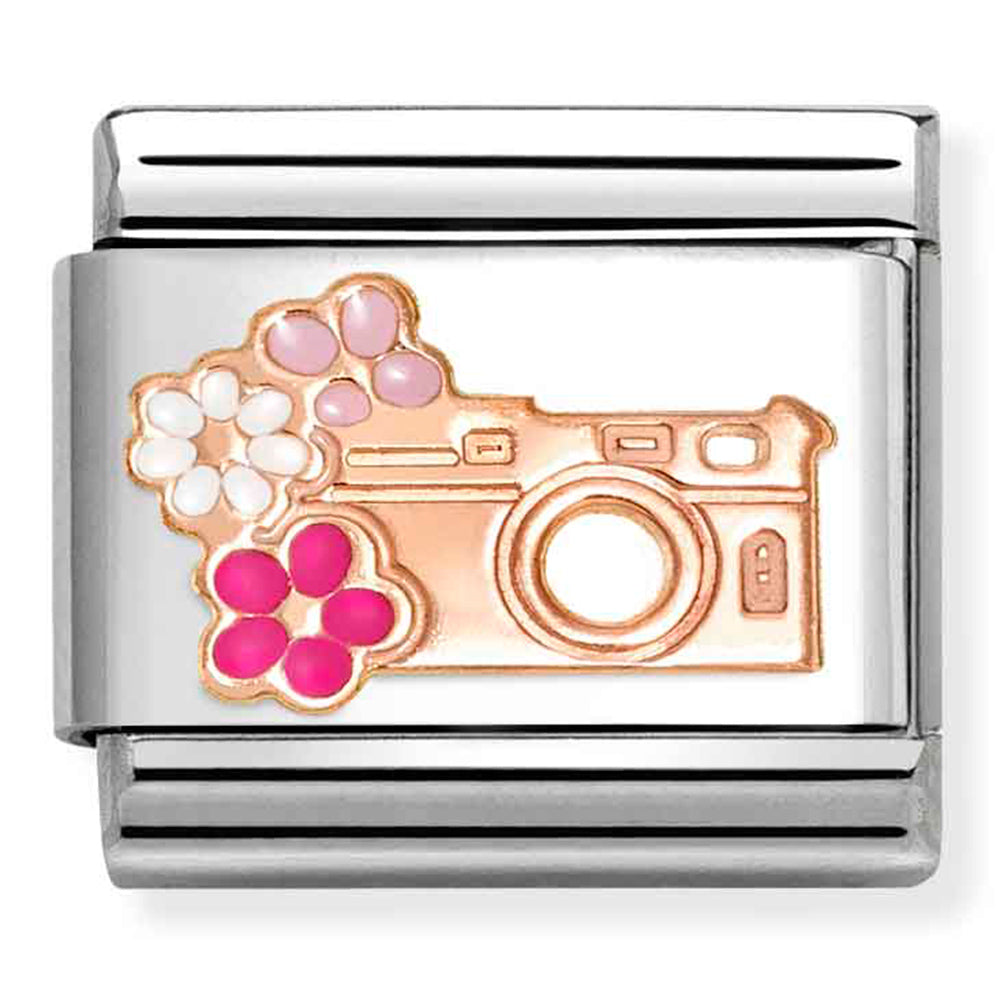 Classic Symbols Steel, Enamel And 9 Carat Rose Gold Camera With Flowers