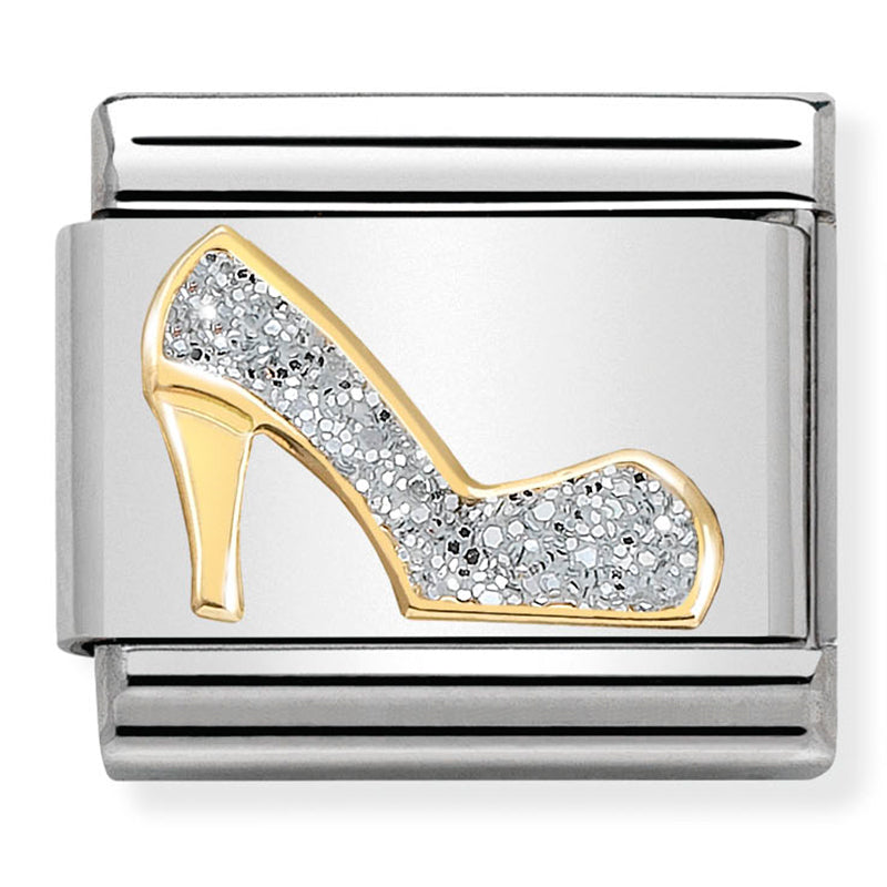 NOM-030220 04 COMP Classic SYMBOL GLITTER in st/steel, glitter enamel & 18ct gold (Glitter High Heel Shoe)