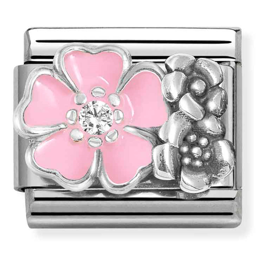 NOM 330325 02 COMP Classic SYMBOLS OX, in steel, enamel, cz and 925 sterling silver pink flower with flowers
