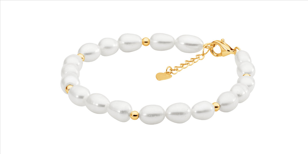 SS Gold Plated Beads w/Freshwater Pearl 17-18cm Bracelet ext. chain