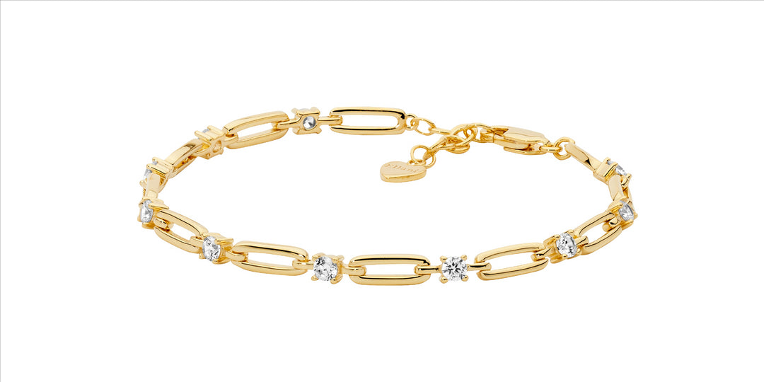 SS Open Oval Link, 3.5mm WH CZ 17cm Bracelet w/ext Chain & Gold Plating