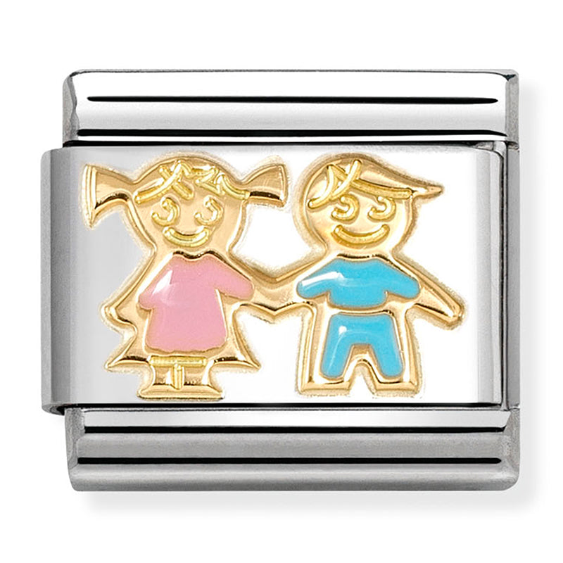 NOM 030272 92 COMP Classic SYMBOLS st/steel, enamel and 18ct gold Brothers and sisters PINK + BLUE