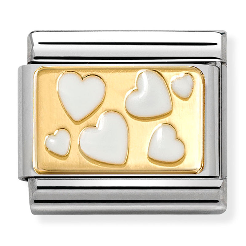 NOM 030284 70 COMP Classic PLATES st/steel, enamel and 18ct gold White scattered hearts