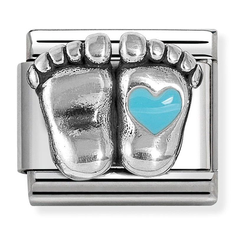 NOM-330204 30 COMP Classic SYMBOLS st/steel, sterling silver & enamel (Baby Feet with Light Blue Heart)