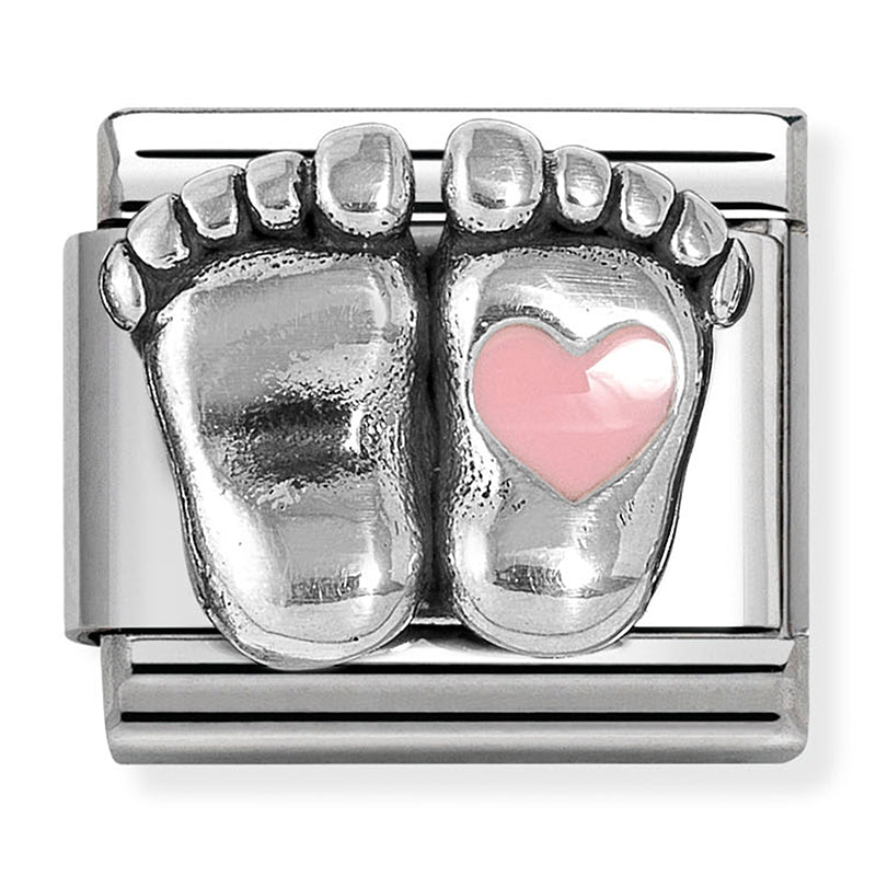 NOM 330204 31 COMP Classic SYMBOLS st/steel, sterling silver & enamel (Baby Feet with Pink Heart)