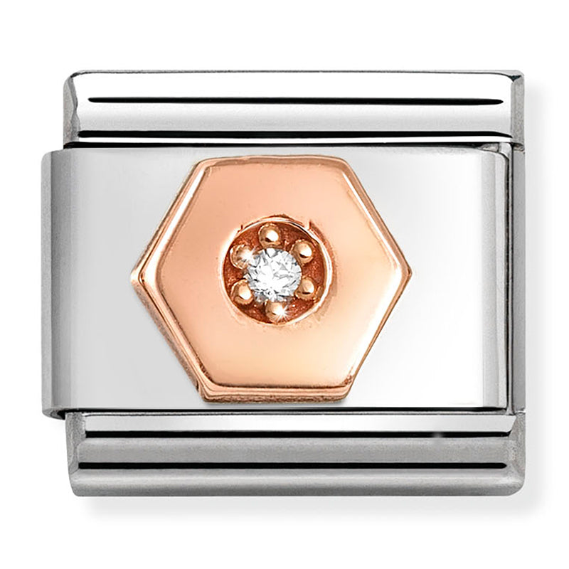NOM 430305 48 COMP Classic SYMBOL in st/steel with 9ct rose gold and CZ WHITE hexagon