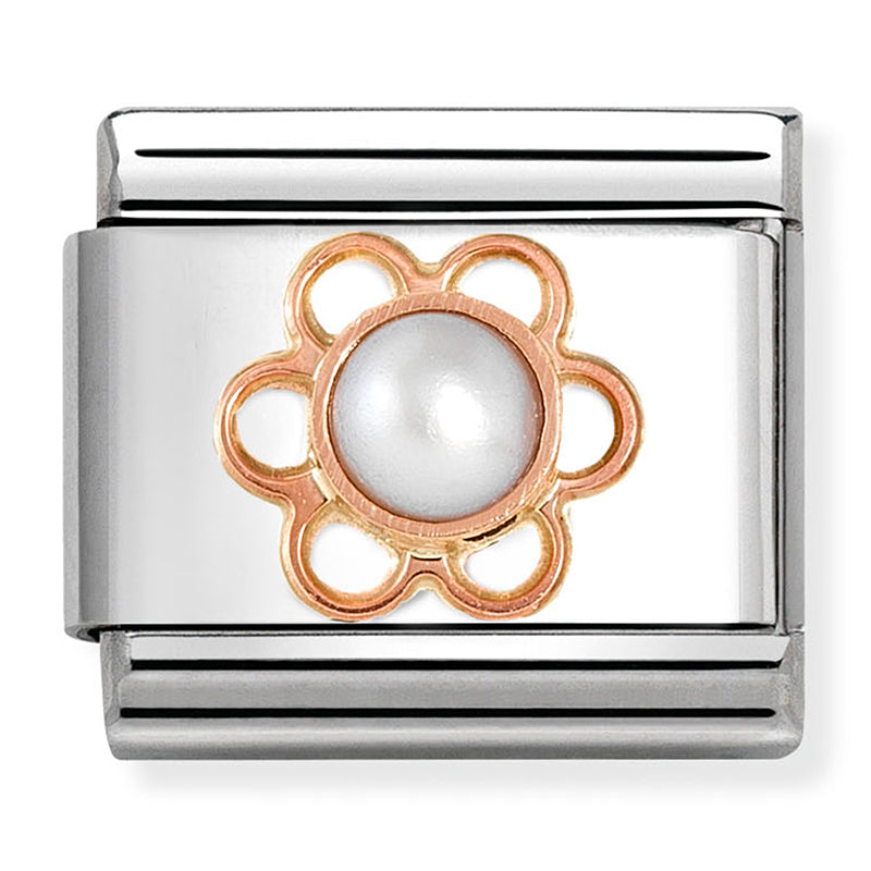 NOM 430503 02 OMP Classic SYMBOLS & STONES st/steel and 9ct rose gold Flower and WHITE PEARL
