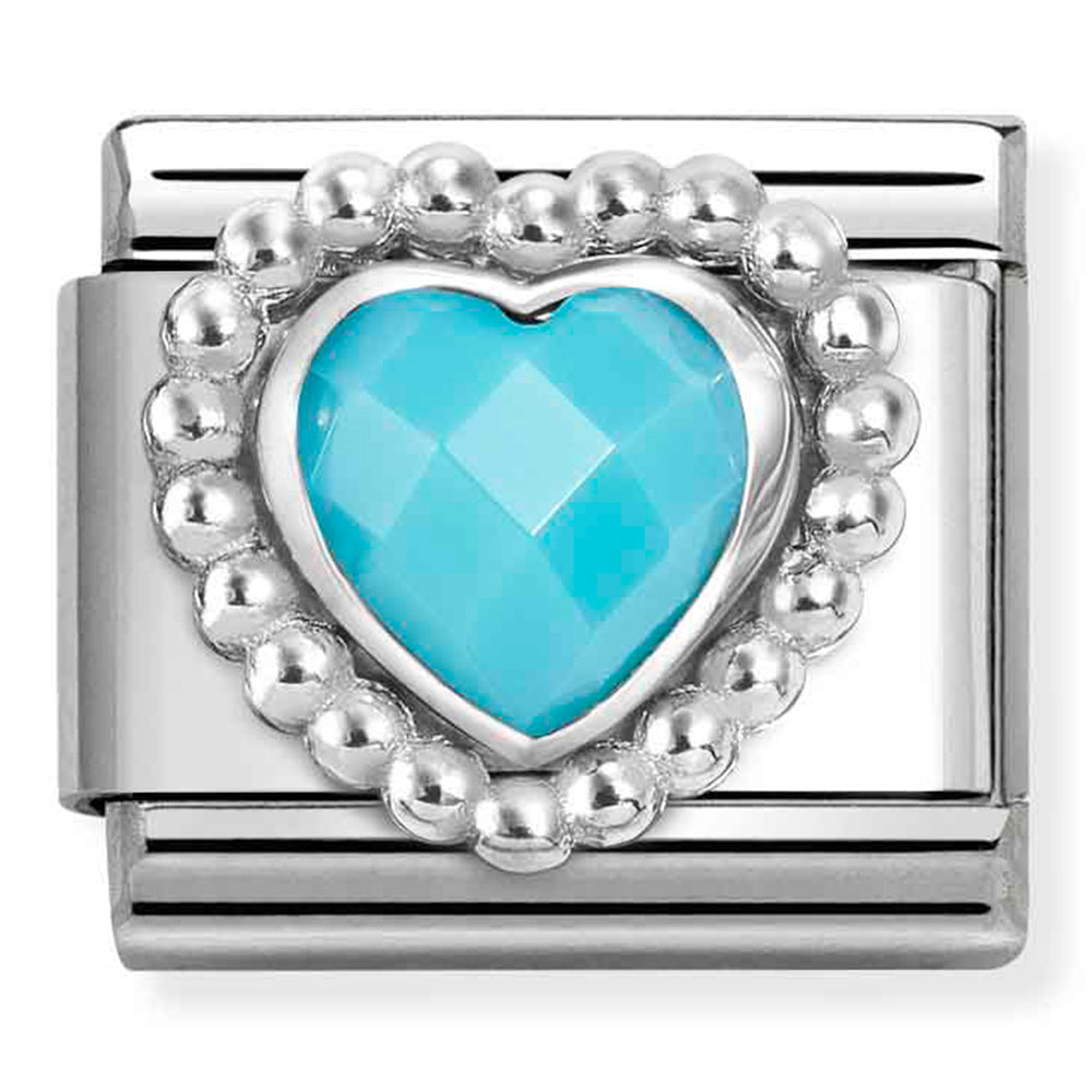 NOM 330605 039 COMP Classic FACETED STONES, steel with 925 sterling silver HEART with DOTS BEADED SETTING TURQUOISE CZ