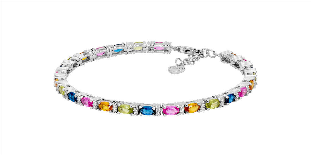 SS Multi Colour Oval & WH Rnd CZ 18cm Tennis Bracelet w/ext Chain