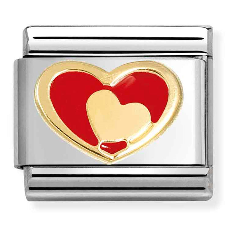 NOM 030283 28 COMP Classic LOVE 2 stainless steel, enamel and 18k gold Heart in heart RED