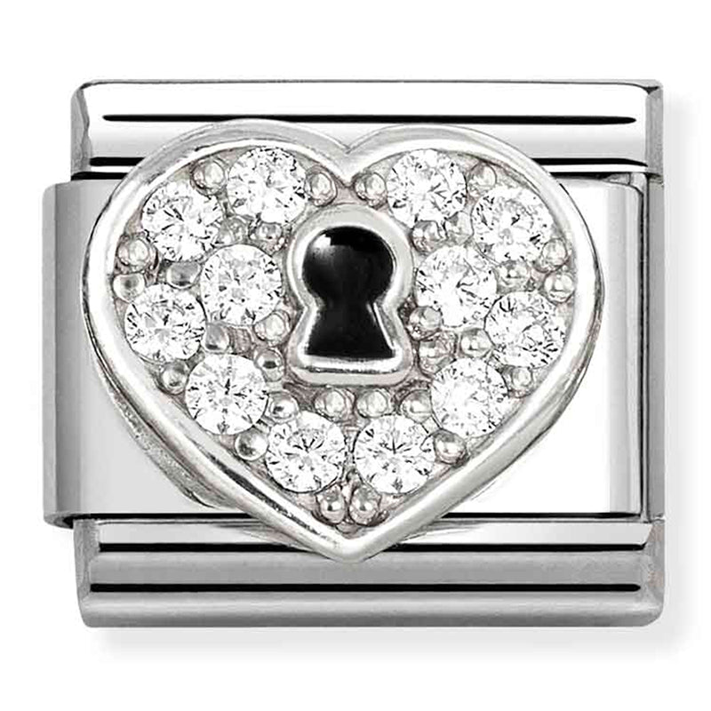 NOM 330328 09 COMP Classic SYMBOLS in steel, enamel, silver 925 & CZ Heart padlock WHITE