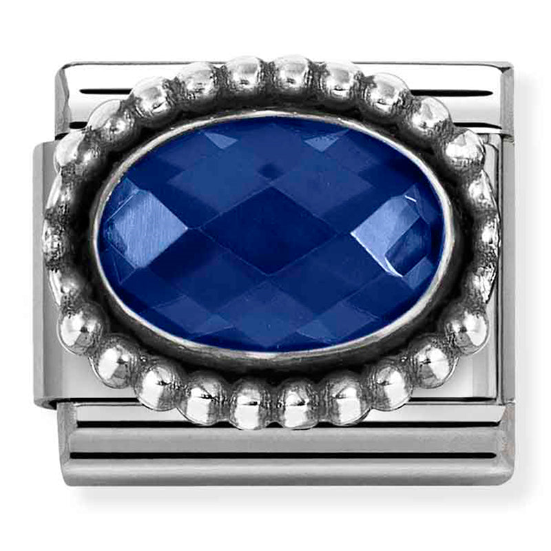 NOM 330607 007 COMP Classic FACETED CZ, steel with OXIDISED OVAL BEADED RICH SETTING 925 silver BLUE