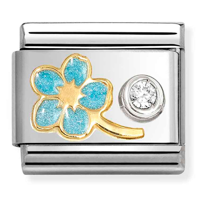 NOM 630302 09 COMP Classic SYMBOLS steel, enamel, 18k gold, 925 silver & CZ Forget me not LIGHT BLUE cz WHITE