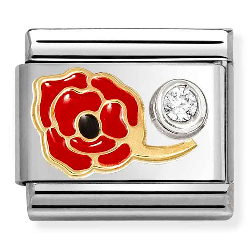 NOM 630302 11 COMP Classic SYMBOLS steel, enamel, 18k gold, 925 silver & CZ Poppy RED cz WHITE