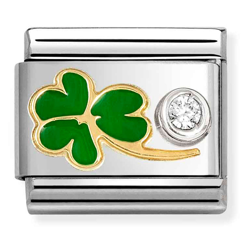 NOM 630302 12 COMP Classic SYMBOLS steel, enamel, 18k gold, 925 silver & CZ GREEN clover cz WHITE