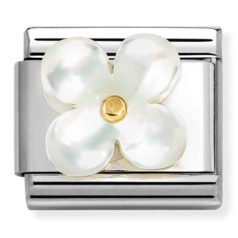 NOM 030521 02 COMP Classic STONE SYMBOLS in steel & 18k gold Flower in WHITE Mother of Pearl (03052102)