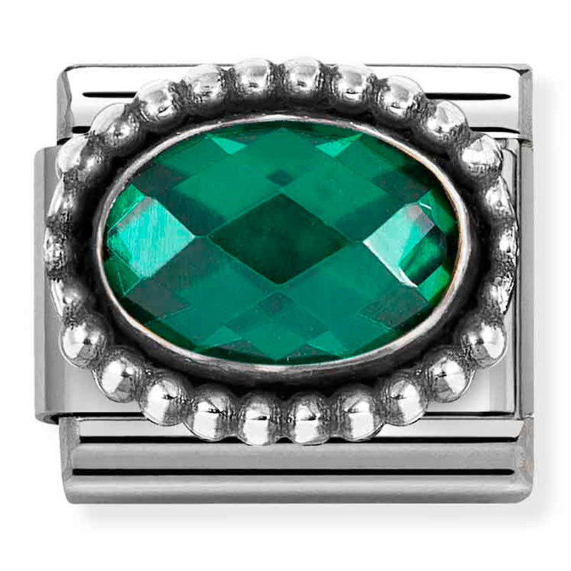 NOM 330607 027 COMP Classic FACETED CZ, steel with OXIDISED OVAL BEADED RICH SETTING 925 silver EMERALD GREEN (330607027)