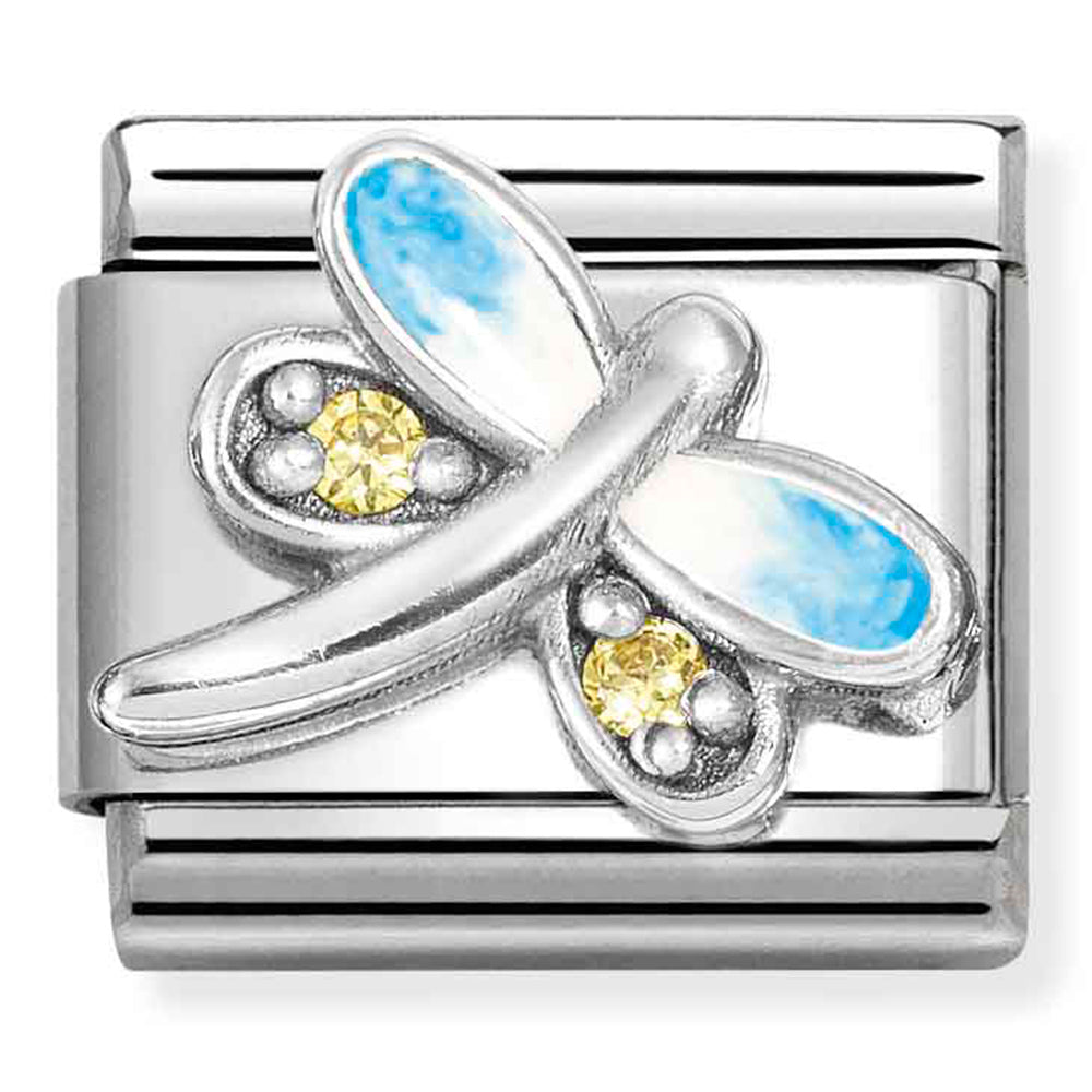 NOM 330321 10 COMP Classic SYMBOLS stainless steel, enamel, cz and 925 sterling silver Dragonfly light blue YELLOW