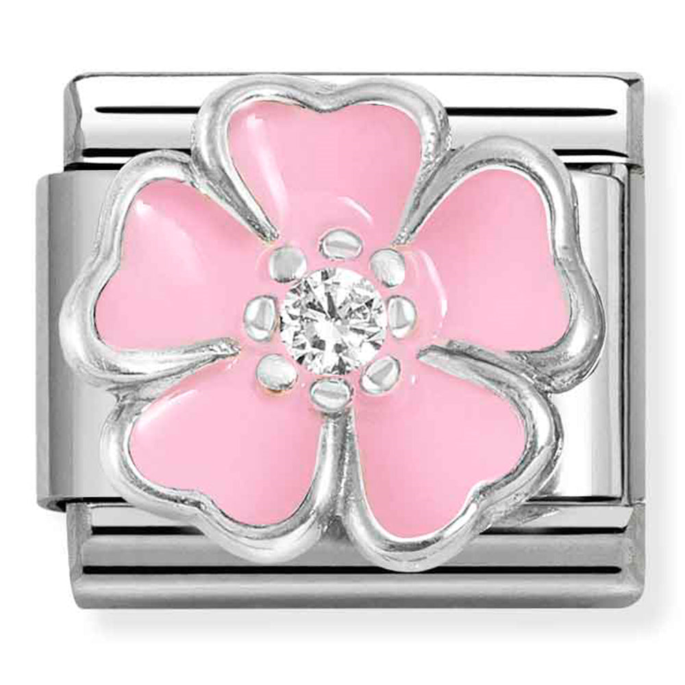 NOM 330321 14 COMP Classic SYMBOLS stainless steel, enamel, cz and 925 sterling silver PINK flower with cz