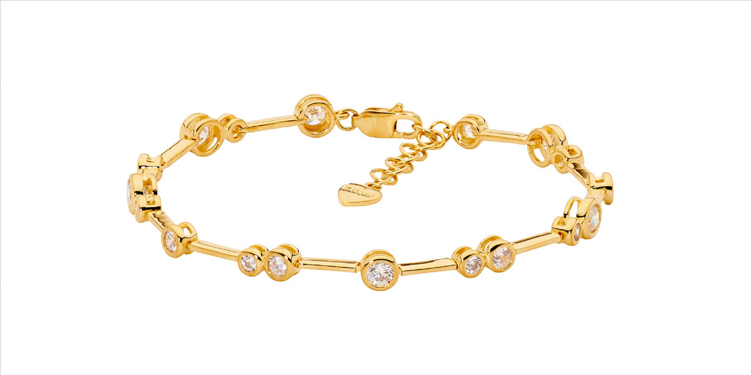 SS bezel set wh cz bar bracelet w/ext chain, gold plating