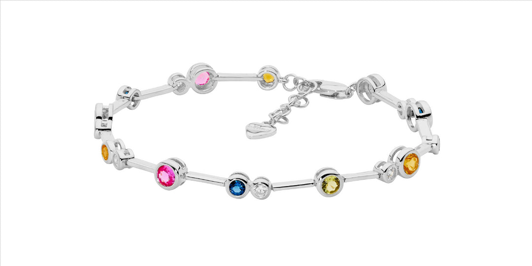 SS bezel set multi colour cz bar bracelet w/ext chain