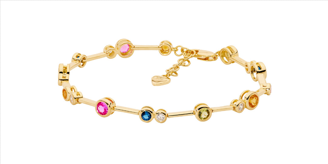 SS bezel set multi colour cz bar bracelet w/ext chain, gold plating