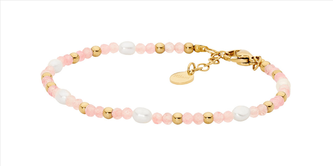 Stainless steel rose quartz & freshwater pearl 17.5cm bracelet w/gold IP plating