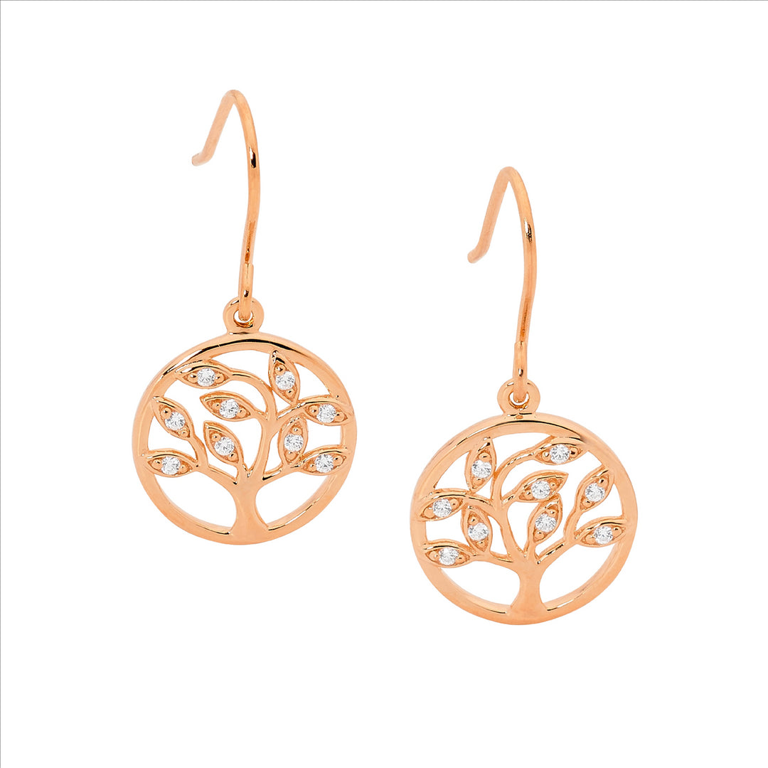 SS WH CZ Tree of Life Earrings on Shp/Hook w/ Rose Gold Plating