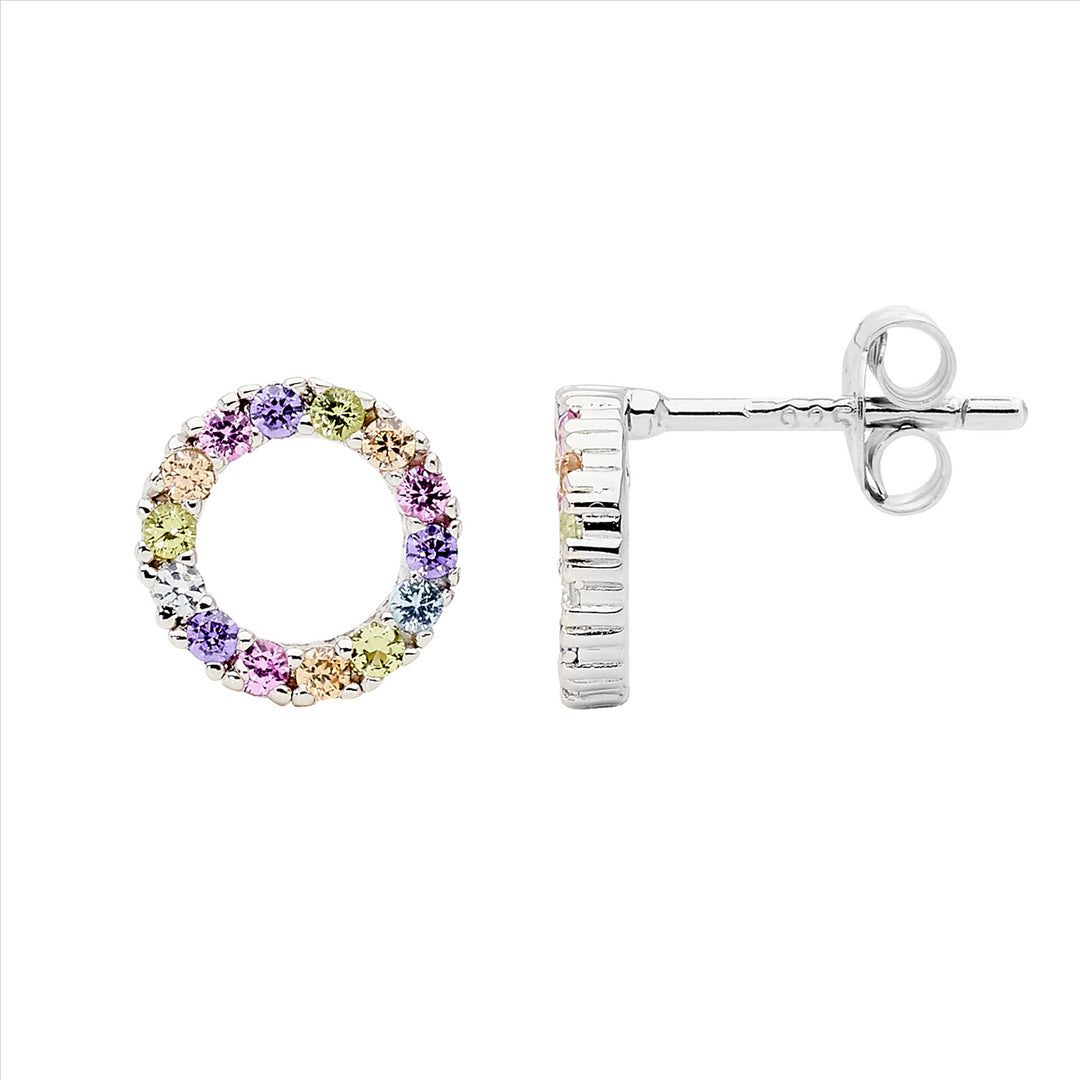 SS 9mm Open Circle Earrings w/Pastel Colour CZ