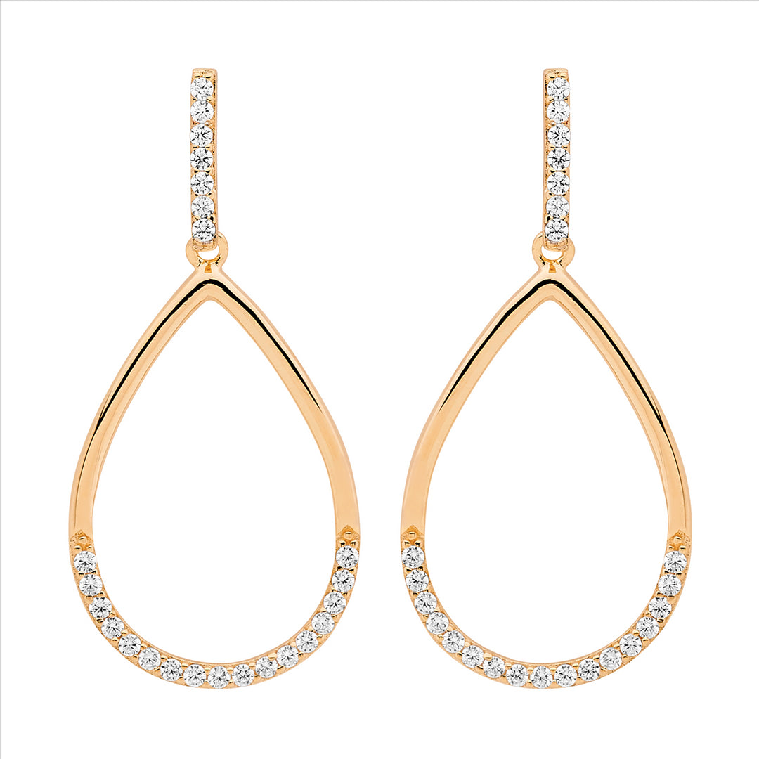 SS WH CZ Open Tear Drop Earrings w/Rose Gold Plating