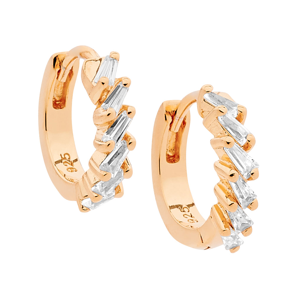 SS WH CZ Tapered Baguette 13mm Hoop Aarrings w/Rose Gold Plating