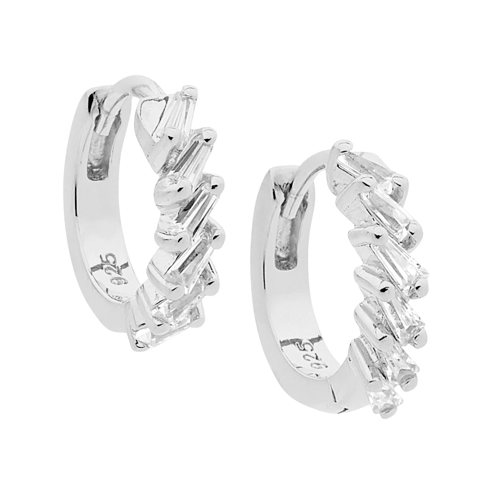 SS WH CZ Tapered Baguette 13mm Hoop Earrings