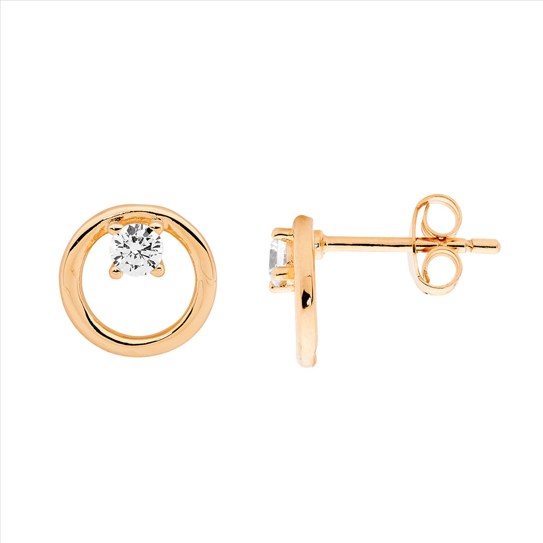 SS 9mm Open Circle Earrings w/ 1x WH CZ & Rose Gold Plating