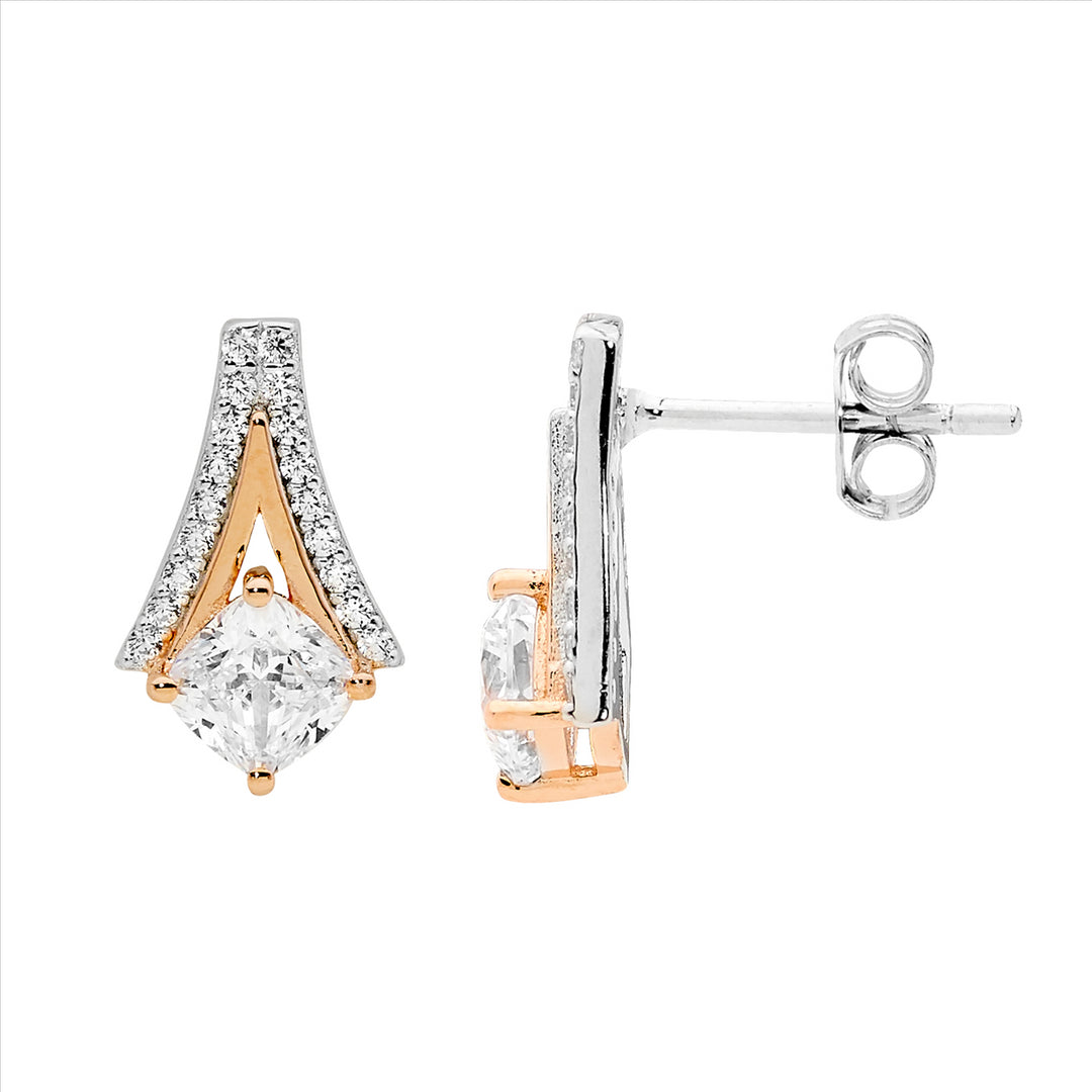 SS WH CZ Open V w/Cushion Cut & Rose Gold Plating Earrings
