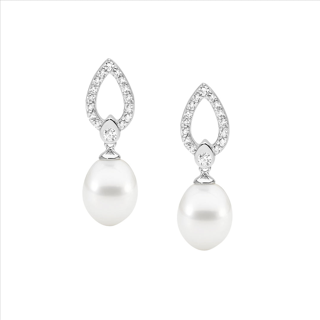 SS WH CZ Open Tear Drop Earrings w/Freshwater Pearl