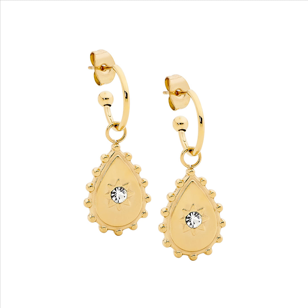 Stainless Steel 12mm Hoop Earrings, Tear Drop w/WH CZ & Gold IP Plating