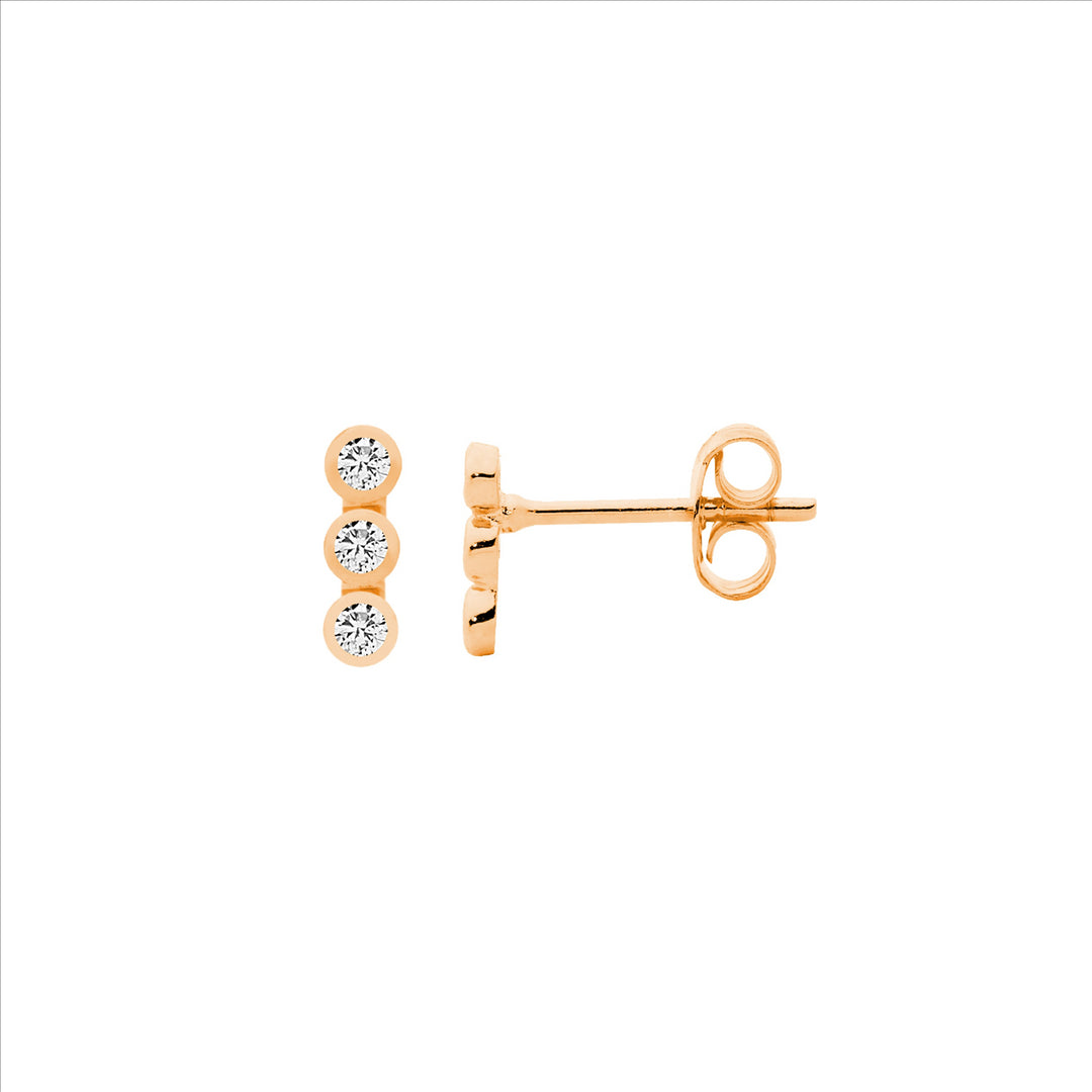 SS 3 Bezel Set WH CZ Stud Earrings w/Rose Gold Plating