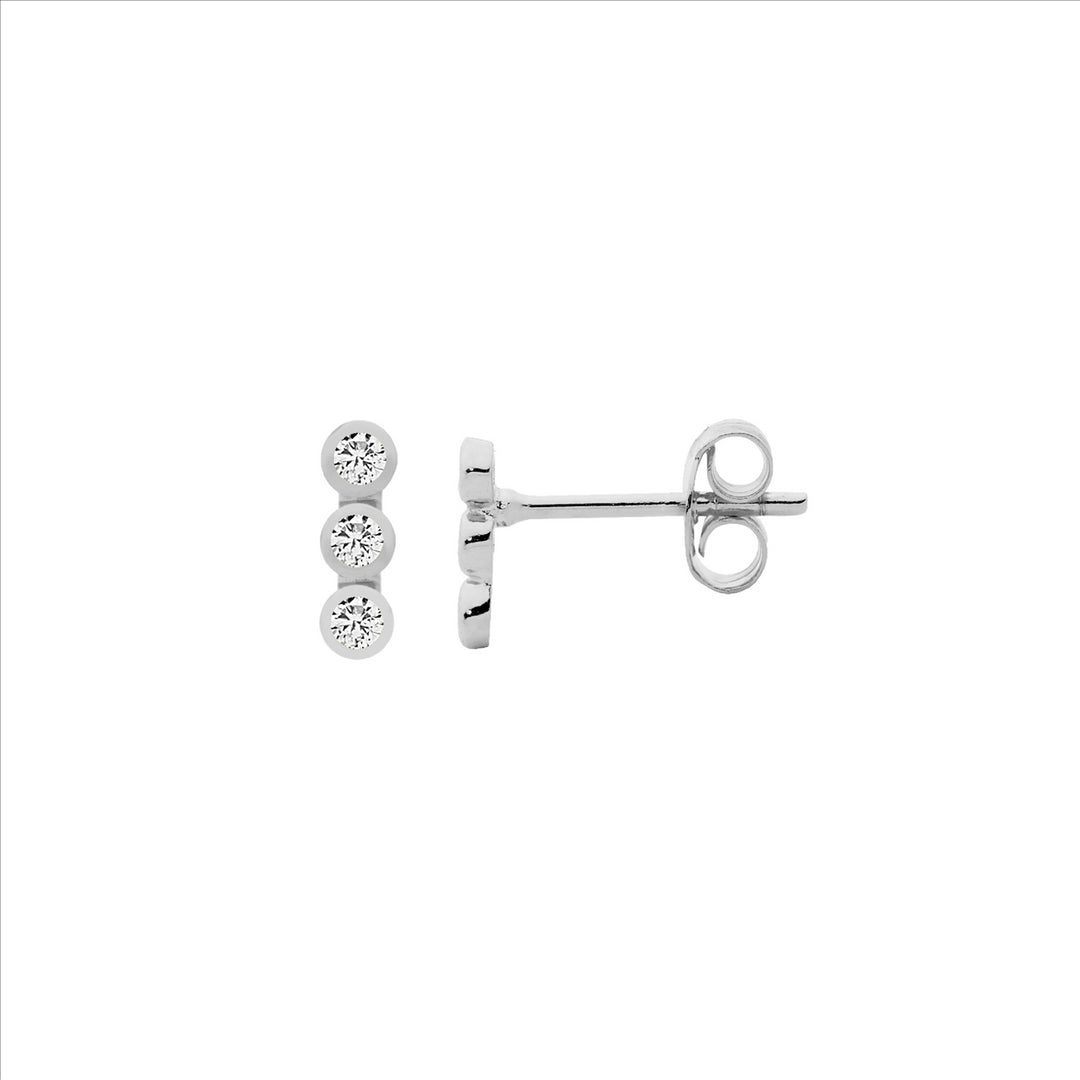 SS 3 Bezel Set WH CZ Stud Earrings